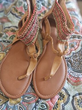 Tan Beaded T-Strap Women's Sandals